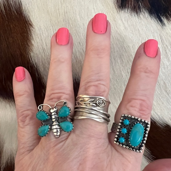 ❤️ Kingman Turquoise Statement Sterling Navajo Butterfly Bee Size 6 Ring 6 Grams - Picture 10 of 17